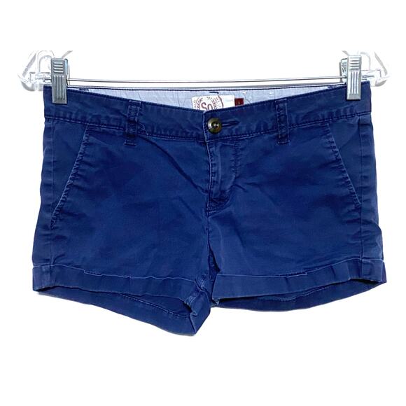 SO Mini Shorts Blue Chino Khakis Cuffed Stretch Juniors 3 Flat Front Pockets - Picture 1 of 8